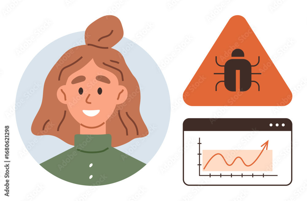 Poster woman with confident smile, triangular bug warning sign, upward graph with plotted data trends. idea