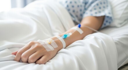 A patient's arm with an IV drip in a hospital bed, receiving treatment.
