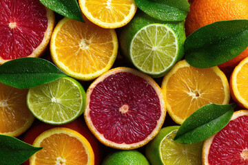 Fototapeta premium Fresh juicy citrus fruits as background, top view 