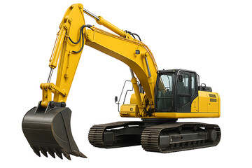 Large yellow excavator with hydraulic arm and digging bucket, heavy industrial construction machinery isolated on plain background
