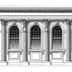 Architectural drawing of classical building facade with arched windows