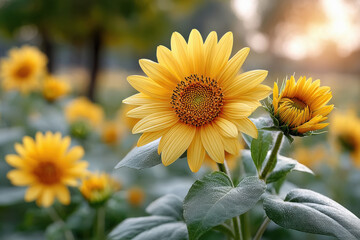 Obraz premium Close-up of sunflower facing sun in golden hour.