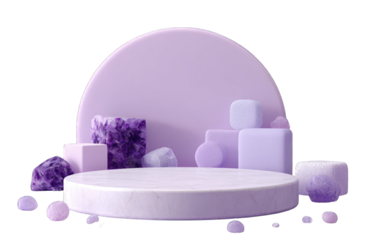 Purple geometric shapes, round podium