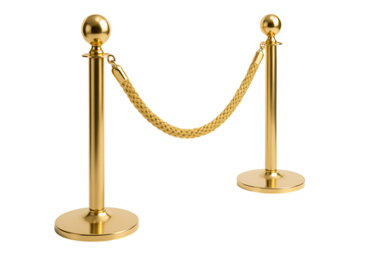 Shiny golden queue barrier posts with braided chain links isolated on transparent studio background, luxury VIP event entrance equipment