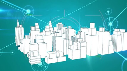 Animation of network connecting dots, huds with 3d urban city on digital interface - Powered by Adobe