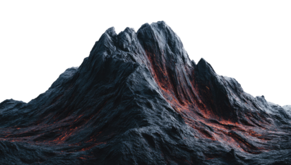 Dramatic mountain peak, dark gray, rocky, with fiery lava flow base