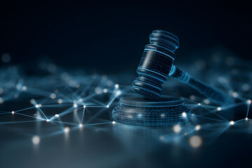 Digital gavel representing the intersection of law ad technology with abstractconnections in a modern cortroom setting