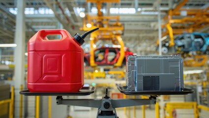 Fototapeta premium Red Gasoline Can and Battery Model Balancing on Scale in Automotive Factory
