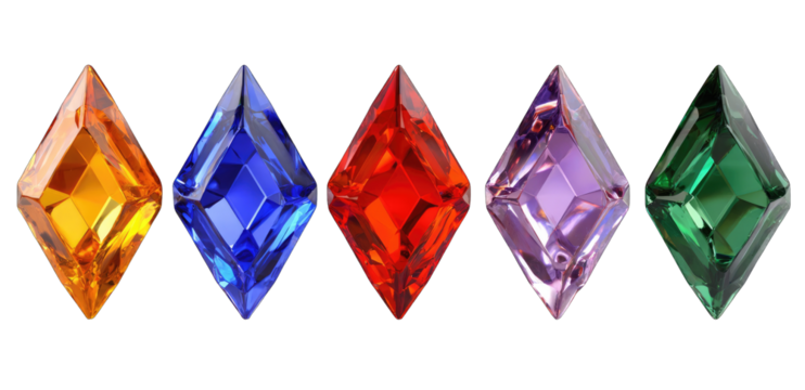 Five diamond-shaped gems in vibrant colors against a black background