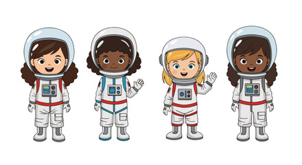 Set of cartoon illustrations of kids dressed as astronauts in space suits floating, waving, sitting, and exploring, symbolizing space exploration, science education, imagination, and career role play