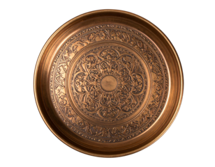 A bronze circular tray viewed from above, showcasing detailed intricate designs and p 862731
