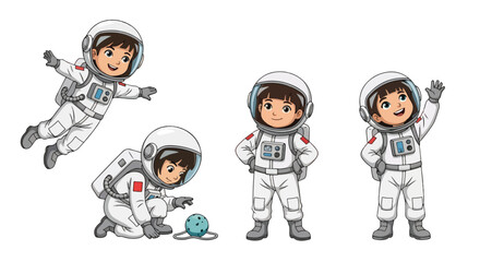 Set of cartoon illustrations of kids dressed as astronauts in space suits floating, waving, sitting, and exploring, symbolizing space exploration, science education, imagination, and career role play