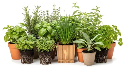 Obraz premium A collection of various herbs and spices in terracotta pots, displayed against a white background.