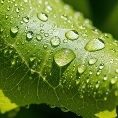 Water droplets on a vibrant green leaf in a closeup shot
