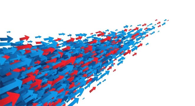A multitude of red and blue arrows pointing in opposite directions on a white background.