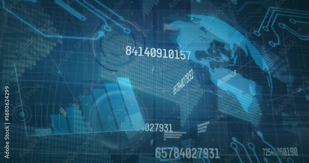 Poster animation of financial data with graphs, globe processing on digital interface