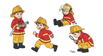 Set of cartoon illustrations of kids dressed as firefighters in uniforms holding hose, axe, and helmet, symbolizing fire safety, rescue teamwork, emergency service, and career role play for education