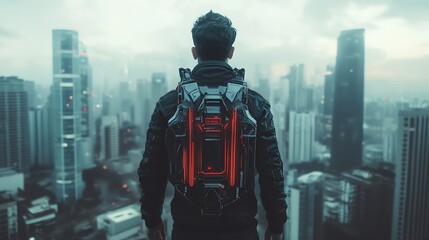 Traveler gazing over a city skyline view.
