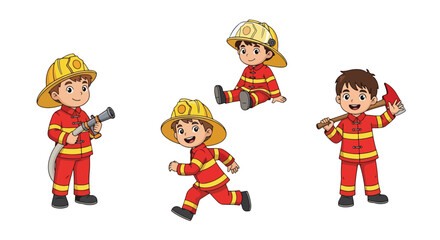 Set of cartoon illustrations of kids dressed as firefighters in uniforms holding hose, axe, and helmet, symbolizing fire safety, rescue teamwork, emergency service, and career role play for education