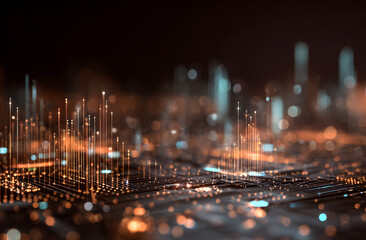 Abstract tech image displays data analytics, gaming nnovation. Artificial inteligence optimizes player bhavior trends. Digital netork, glowing circuits, proessing information. Perfec futuristic