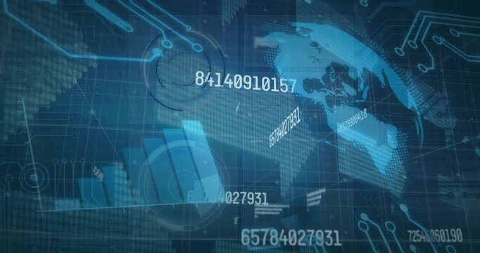 Animation of financial data with graphs, globe processing on digital interface - Powered by Adobe