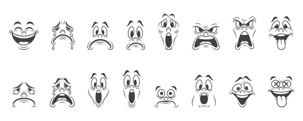 Fototapeta premium Cartoon face with facial expressions, cute emoji faces, comic character reaction, emotions icons, funny eyes and mouth elements for animation, stickers. Vector vintage mascot isolated set