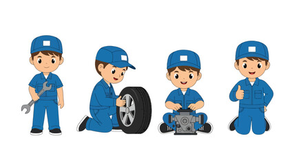 Set of cartoon illustrations of kids dressed as mechanics in professional uniforms fixing tires, holding wrench, cleaning hands, and pointing at engine, symbolizing repair service, teamwork