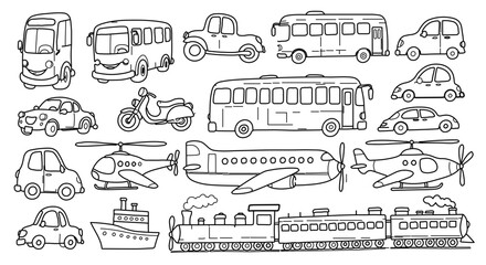 Vector icon set of black and white vehicles including cars, buses, trucks, motorcycles, bicycles, airplanes, ships, and trains