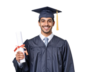 Male Graduate Wearing Cap Holding Diploma Scroll in Hand, smiling portrait, isolated on transparent background