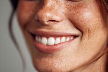 Fototapeta premium A close-up shot of a smiling woman's face with freckles, showcasing perfect teeth.