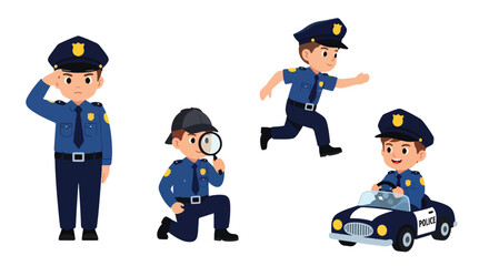 Set of cartoon illustrations of kids dressed as police officers in uniforms saluting, investigating with magnifier, chasing, and driving toy police car, symbolizing law enforcement, safety