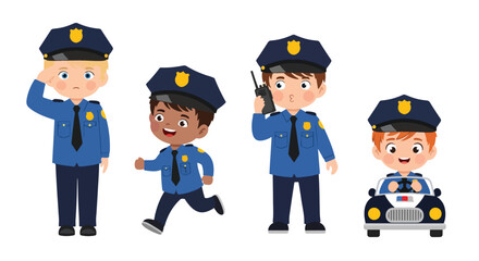 Set of cartoon illustrations of kids dressed as police officers in uniforms saluting, investigating with magnifier, chasing, and driving toy police car, symbolizing law enforcement, safety