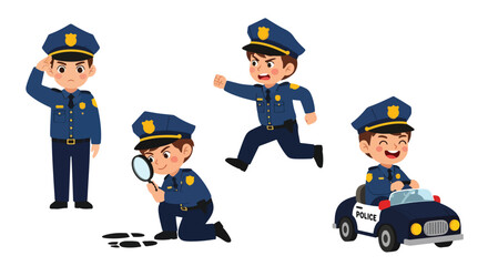 Set of cartoon illustrations of kids dressed as police officers in uniforms saluting, investigating with magnifier, chasing, and driving toy police car, symbolizing law enforcement, safety