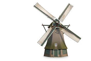A classic Dutch windmill stands isolated against a bright white background, showcasing its architecture.
