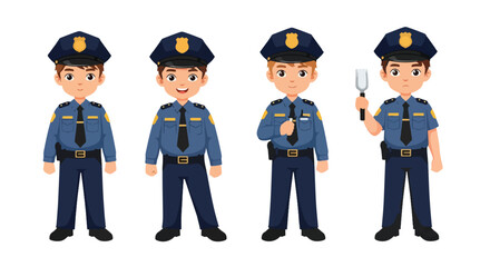 Set of cartoon illustrations of kids dressed as police officers in uniforms saluting, investigating with magnifier, chasing, and driving toy police car, symbolizing law enforcement, safety