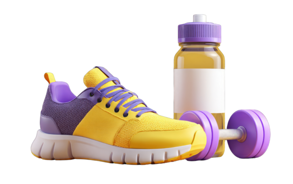 Yellow running shoes, purple water bottle, and dumbbells