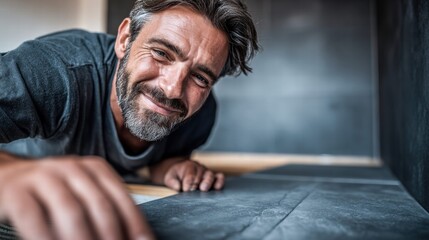 Obraz premium Smiling man installing new tile flooring in a home renovation project.