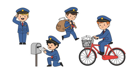Set of cartoon illustrations of kids dressed as mail carriers in professional uniforms delivering letters and packages, riding bicycle, and saluting, symbolizing postal service, delivery, and teamwork
