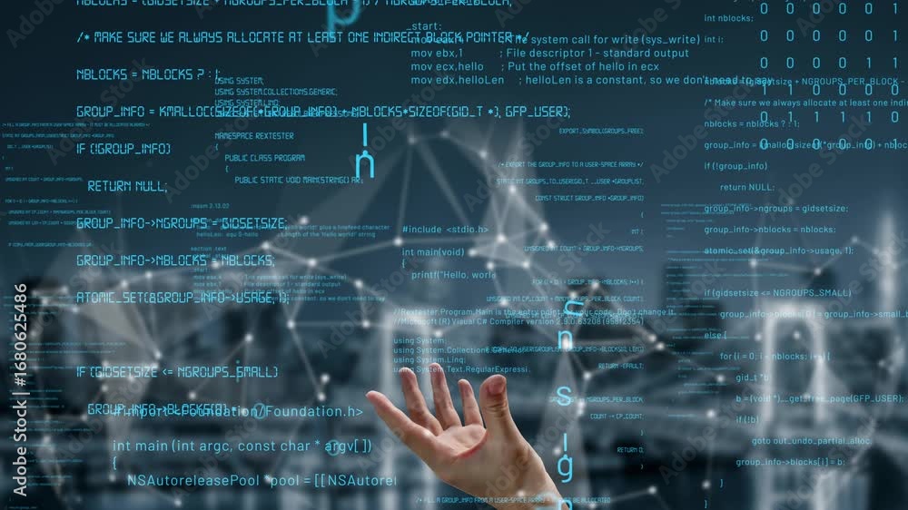 Poster a hand reaches out towards a flowing stream of digital code, symbolizing the intersection of human i