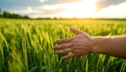 A hand reaches into a field of green wheat at sunset