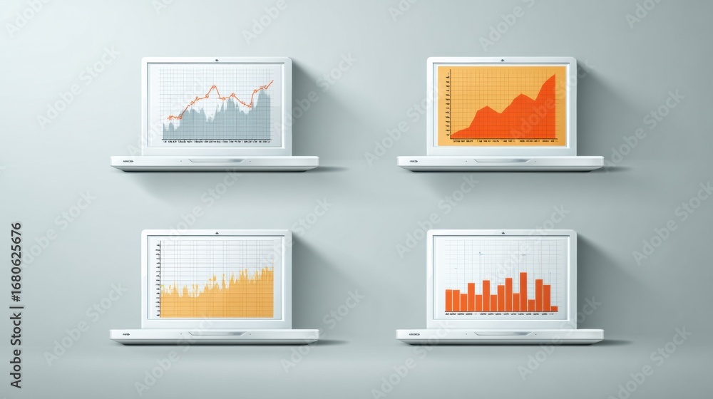 Aufkleber graphical analysis of data trends displayed on laptops arranged on a wall in a modern workspace duri