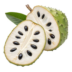 Fresh soursop cut in half revealing white flesh and black seeds tropical fruit