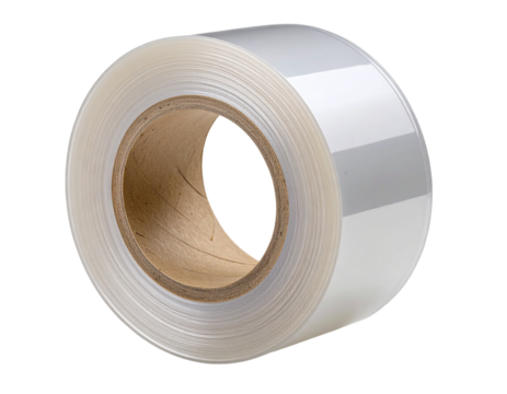 A clear adhesive tape roll placed upright with the inner cardboard core visible, smoo 352299