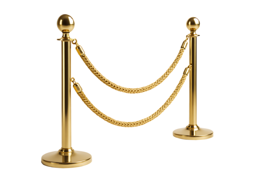 Elegant gold stanchion with decorative ropes, polished metallic crowd control barrier for red carpet event or theater entryway - Powered by Adobe