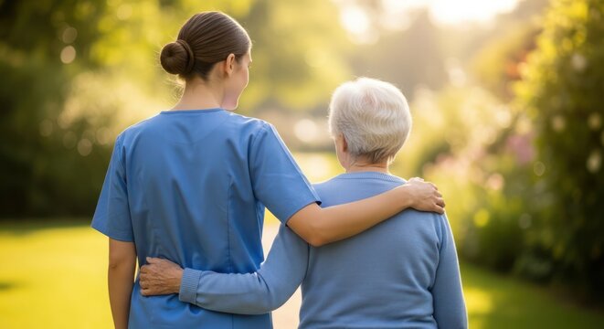 Caregiver supporting elderly woman outdoors in a park setting.