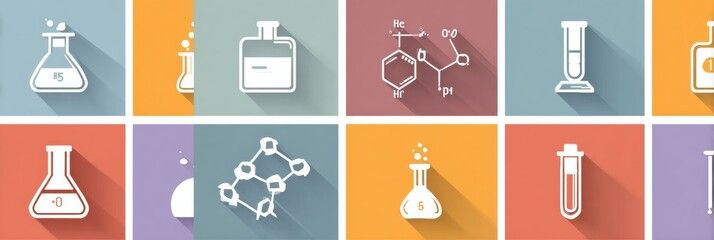 Collection of Laboratory Equipment and Chemical Symbols for Educational and Scientific Purposes in a Colorful Layout