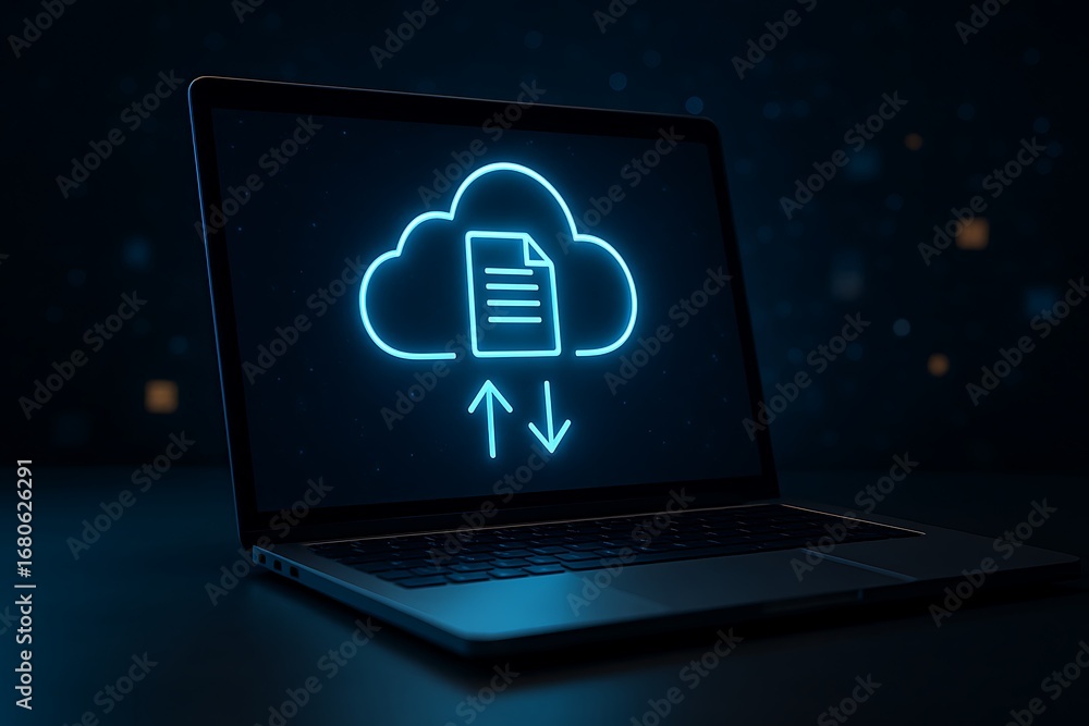 Poster digital cloud computing technology concept with a neon icon on a laptop screen showing data transfer