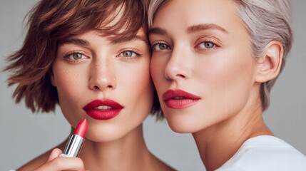 Two elegant women with stunning red lipstick in a beautiful beauty portrait.