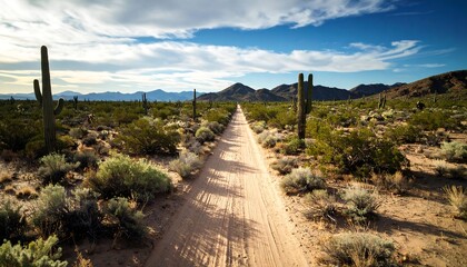 Desert road leading into a landscape of mountains and cacti