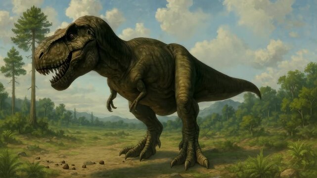 A dramatic low-angle view of a roaring T-Rex in a prehistoric landscape, perfect for a video on dinosaurs or ancient wildlife adventures. Live desktop wallpaper.